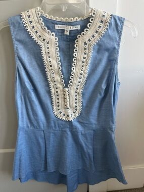 Veronica Beard Chambray Peplum Top with Lace Trim size 2